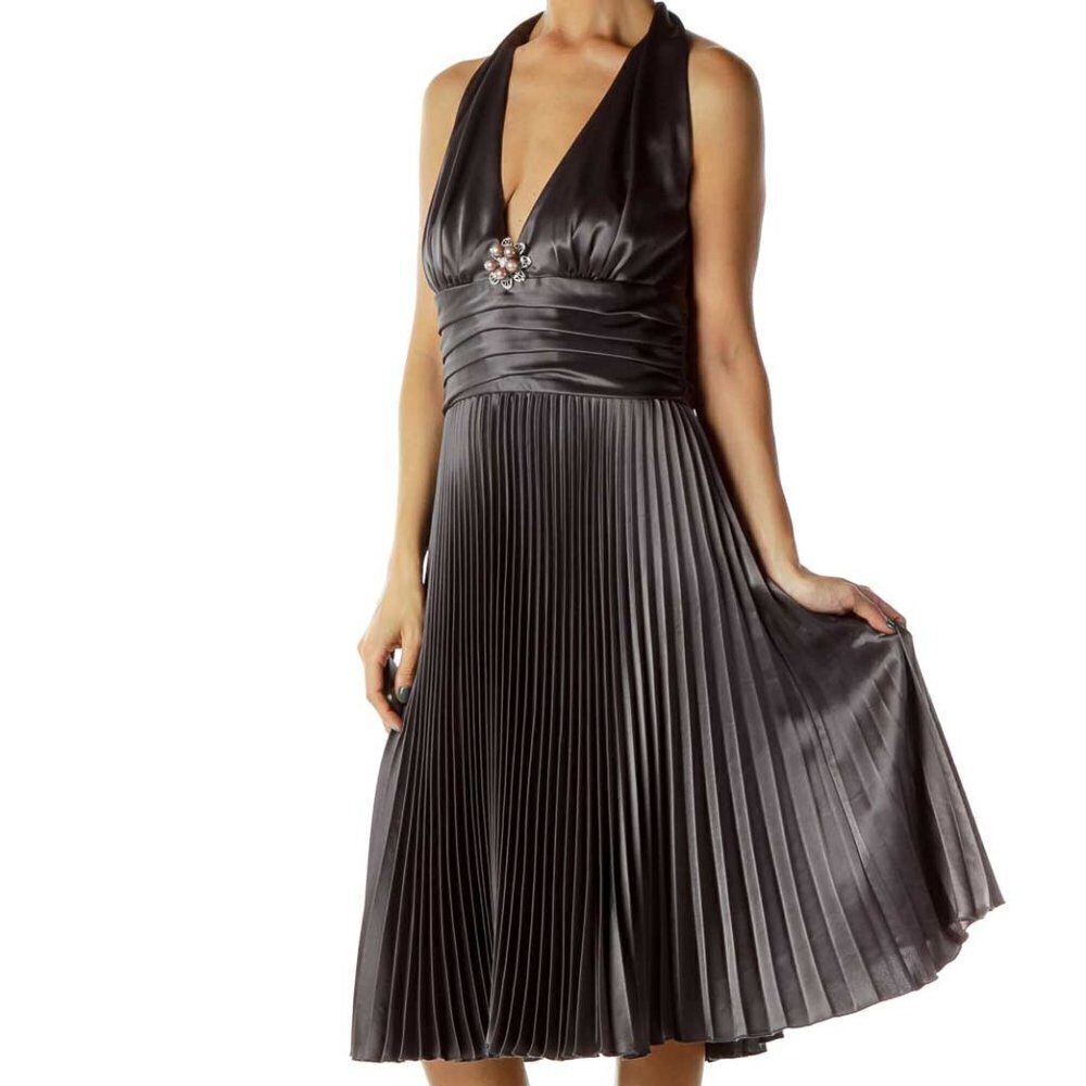 ABS by Allen Schwartz Gray Pleated Satin Halter Evening Dress - Picture 2 of 3